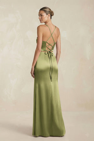 Cami Strap Corset Sheath Satin Ruched Bridesmaid Dress in Thyme - KissProm Bridesmaid Dresses