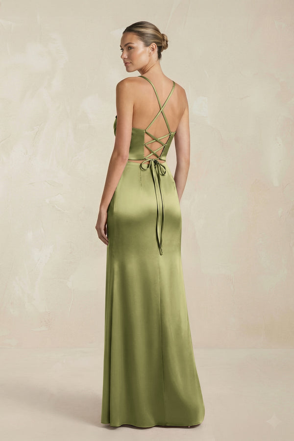 Cami Strap Corset Sheath Satin Ruched Bridesmaid Dress in Thyme - KissProm Bridesmaid Dresses