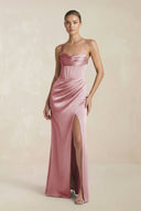 Cami Strap Corset Sheath Satin Ruched Bridesmaid Dress in Toffee - KissProm Bridesmaid Dresses