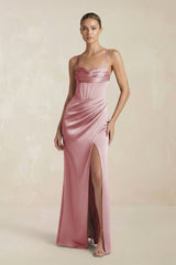 Cami Strap Corset Sheath Satin Ruched Bridesmaid Dress in Toffee - KissProm Bridesmaid Dresses