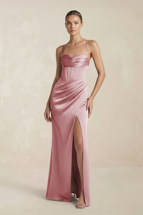 Cami Strap Corset Sheath Satin Ruched Bridesmaid Dress in Toffee - KissProm Bridesmaid Dresses