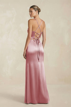 Cami Strap Corset Sheath Satin Ruched Bridesmaid Dress in Toffee - KissProm Bridesmaid Dresses