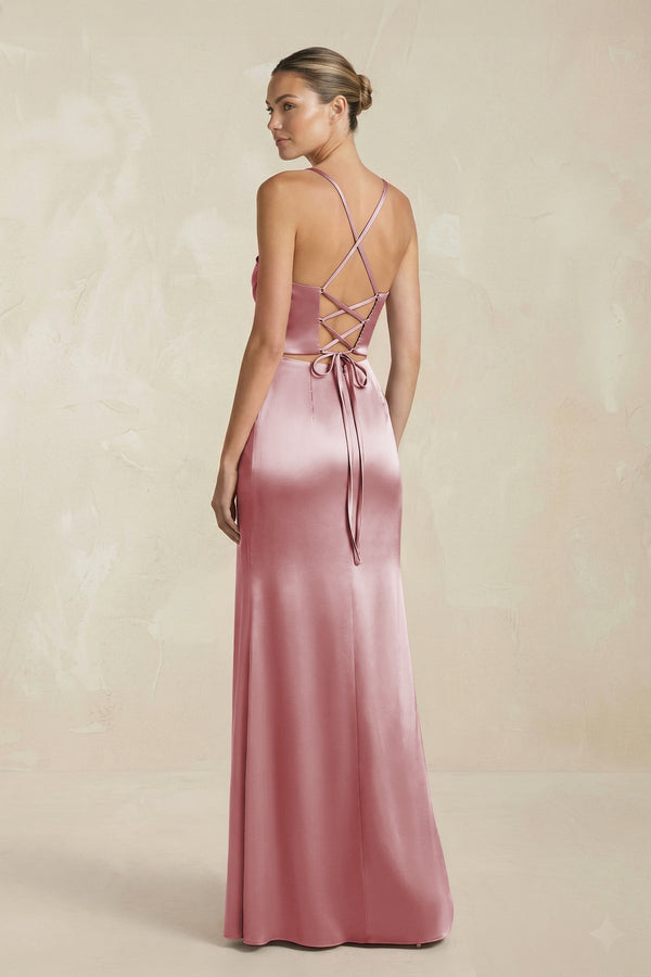 Cami Strap Corset Sheath Satin Ruched Bridesmaid Dress in Toffee - KissProm Bridesmaid Dresses