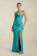 Cami Strap Corset Sheath Satin Ruched Bridesmaid Dress in Turquoise - KissProm Bridesmaid Dresses