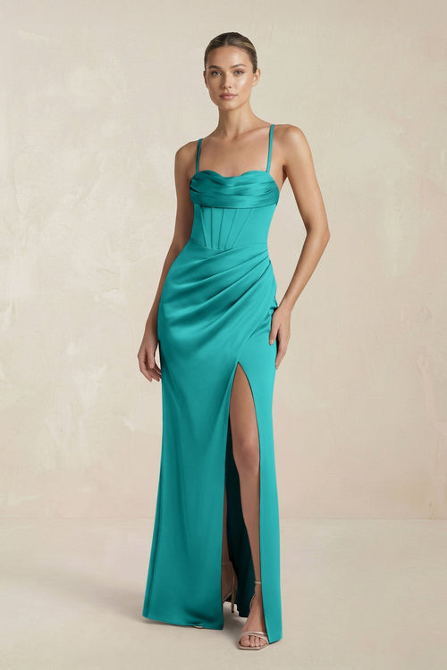 Cami Strap Corset Sheath Satin Ruched Bridesmaid Dress in Turquoise - KissProm Bridesmaid Dresses