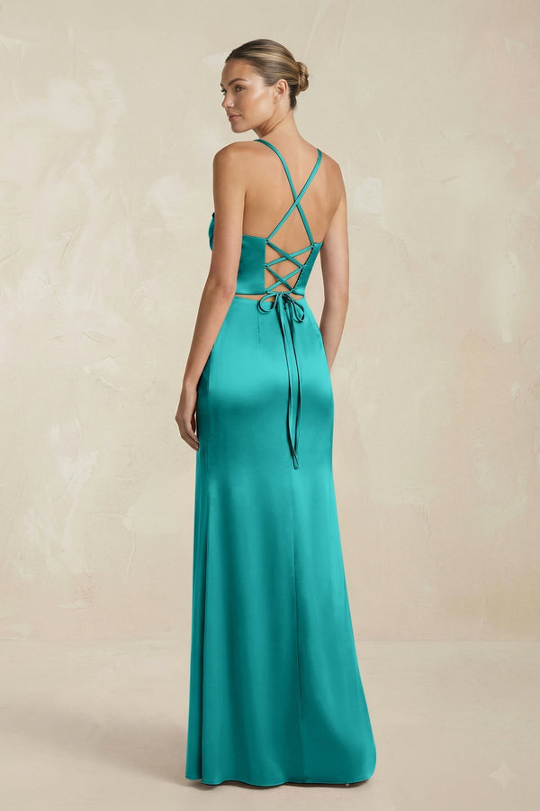 Cami Strap Corset Sheath Satin Ruched Bridesmaid Dress in Turquoise - KissProm Bridesmaid Dresses
