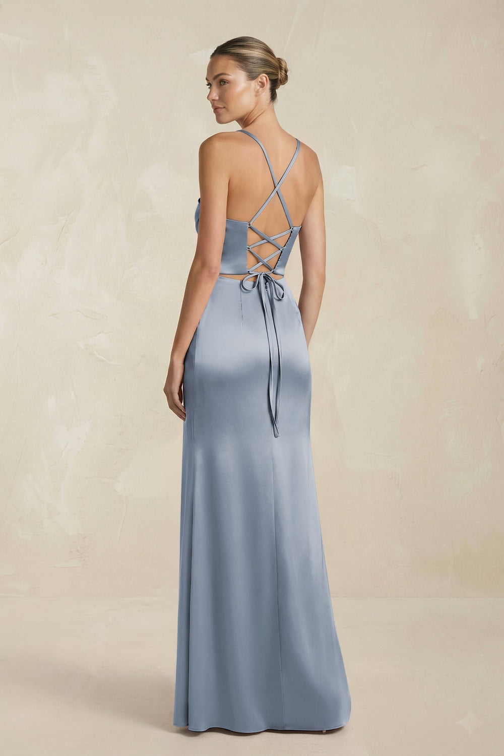 Cami Strap Corset Sheath Satin Ruched Bridesmaid Dress in Twilight - KissProm Bridesmaid Dresses