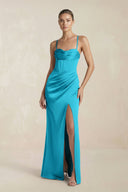 Cami Strap Corset Sheath Satin Ruched Bridesmaid Dress in Viridian Green - KissProm Bridesmaid Dresses