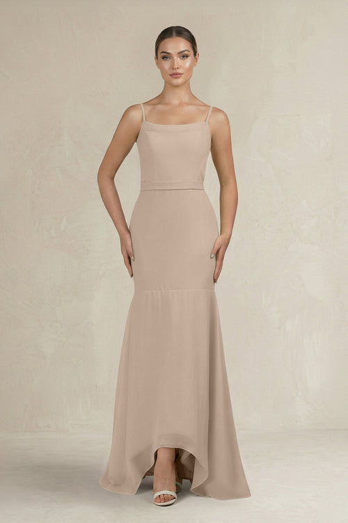 Cami Strap Mermaid Ruffled Chiffon Bridesmaid Dress in Almond - KissProm Bridesmaid Dresses