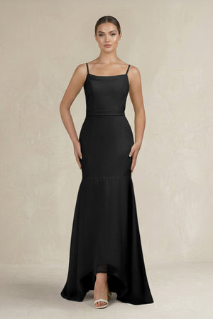 Cami Strap Mermaid Ruffled Chiffon Bridesmaid Dress in Black - KissProm Bridesmaid Dresses