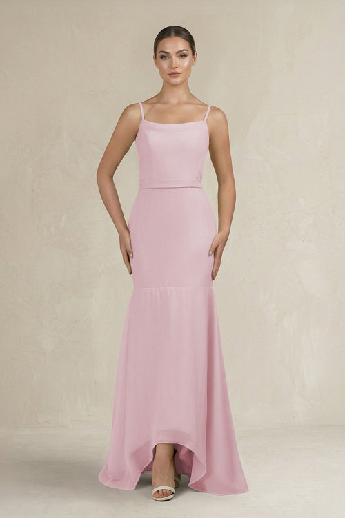 Cami Strap Mermaid Ruffled Chiffon Bridesmaid Dress in Candy Pink - KissProm Bridesmaid Dresses