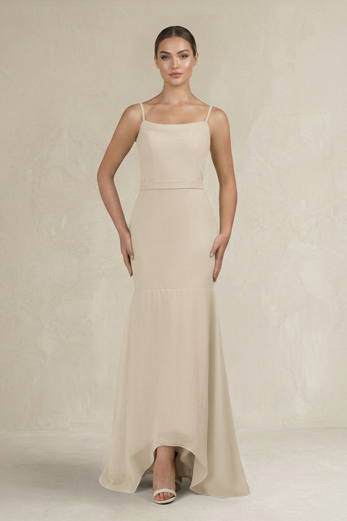 Cami Strap Mermaid Ruffled Chiffon Bridesmaid Dress in Champagne - KissProm Bridesmaid Dresses