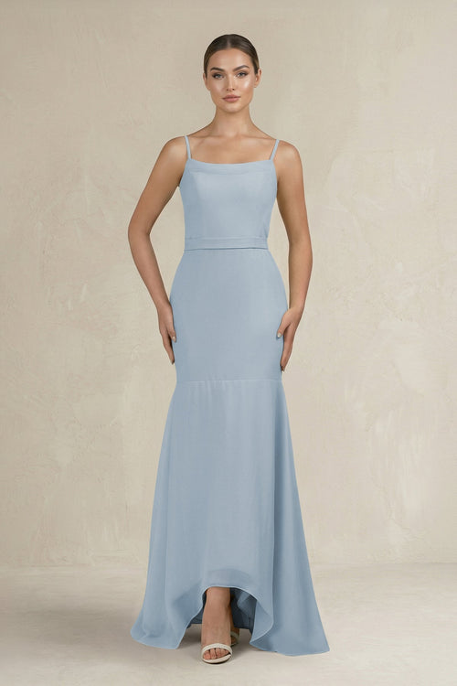 Cami Strap Mermaid Ruffled Chiffon Bridesmaid Dress in Dusty Blue - KissProm Bridesmaid Dresses