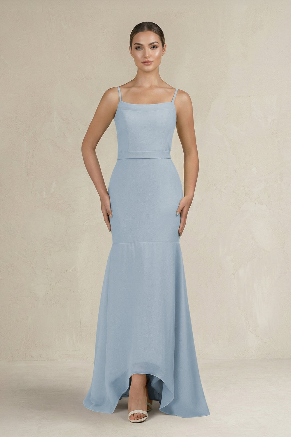 Cami Strap Mermaid Ruffled Chiffon Bridesmaid Dress in Dusty Blue - KissProm Bridesmaid Dresses