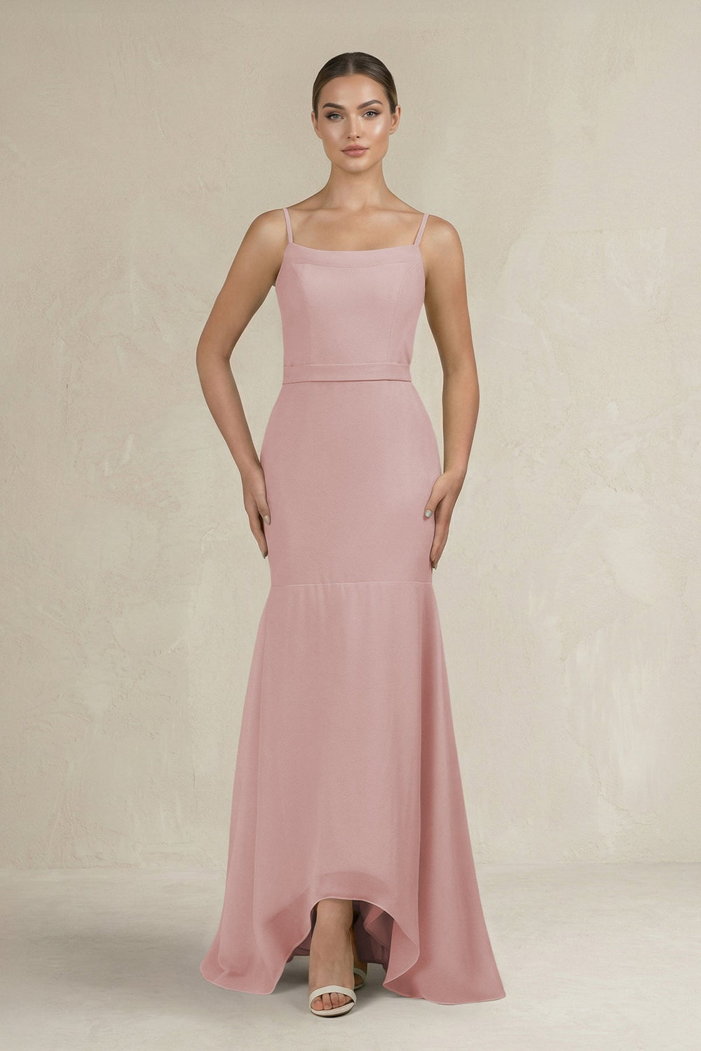 Cami Strap Mermaid Ruffled Chiffon Bridesmaid Dress in Dusty Rose - KissProm Bridesmaid Dresses