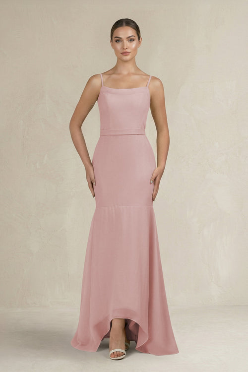 Cami Strap Mermaid Ruffled Chiffon Bridesmaid Dress in Dusty Rose - KissProm Bridesmaid Dresses