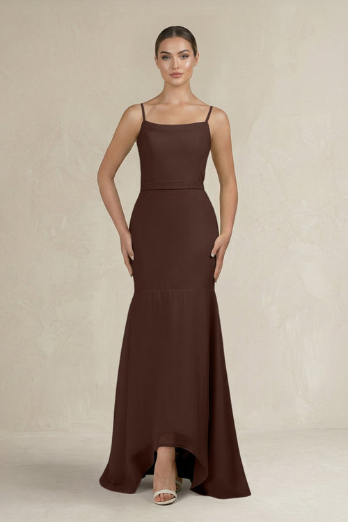 Cami Strap Mermaid Ruffled Chiffon Bridesmaid Dress in Espresso - KissProm Bridesmaid Dresses