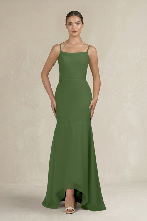 Cami Strap Mermaid Ruffled Chiffon Bridesmaid Dress in Moss - KissProm Bridesmaid Dresses