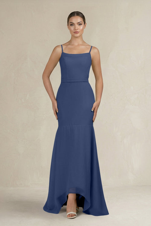 Cami Strap Mermaid Ruffled Chiffon Bridesmaid Dress in Navy - KissProm Bridesmaid Dresses