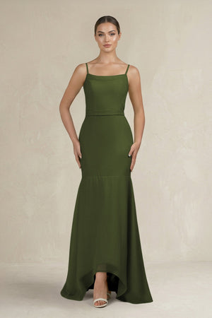Cami Strap Mermaid Ruffled Chiffon Bridesmaid Dress in Olive - KissProm Bridesmaid Dresses