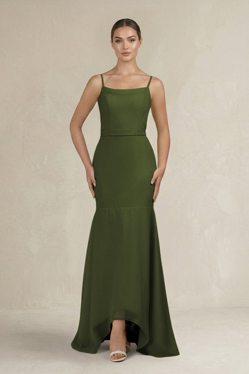 Cami Strap Mermaid Ruffled Chiffon Bridesmaid Dress in Olive - KissProm Bridesmaid Dresses