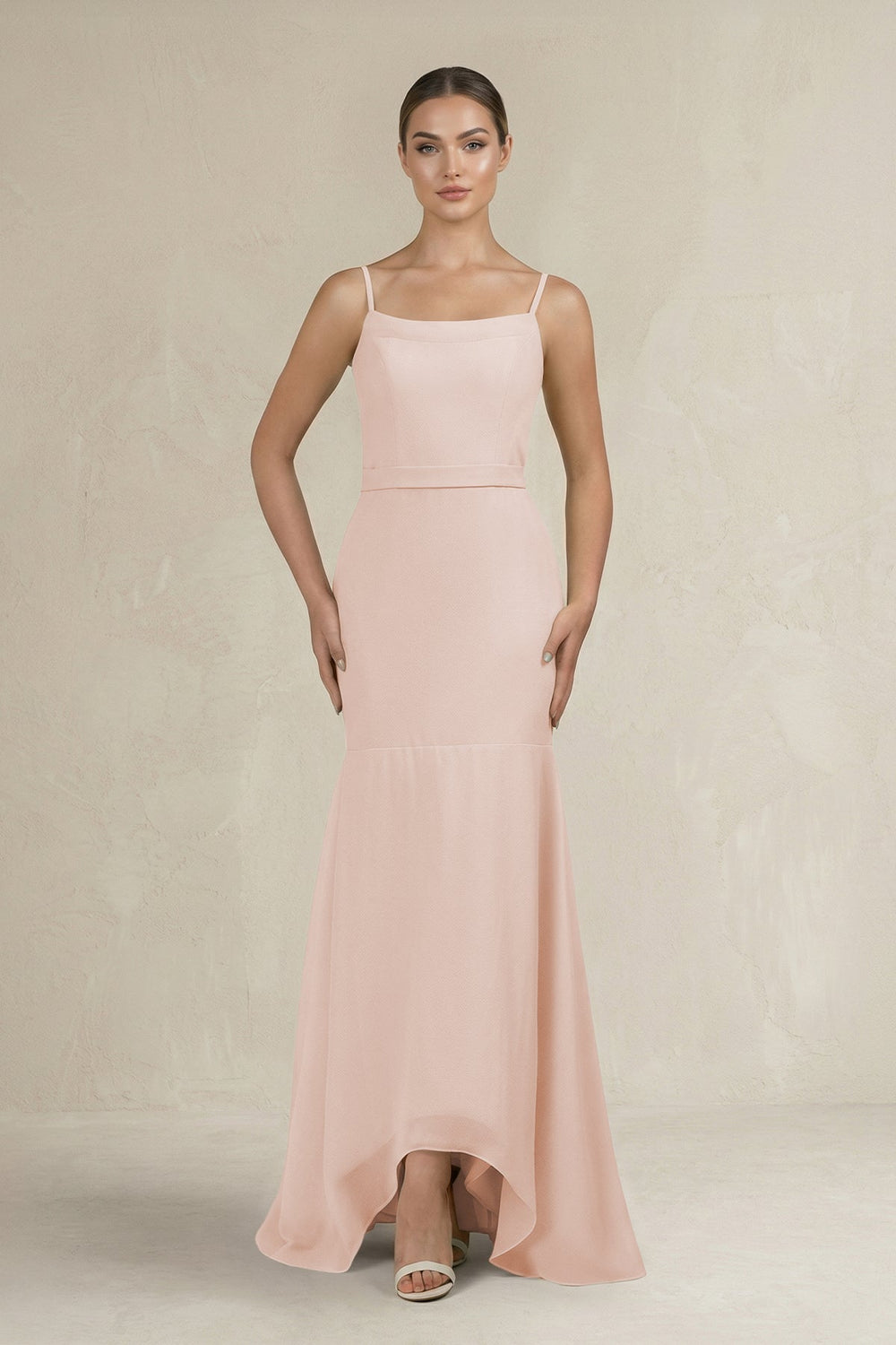 Cami Strap Mermaid Ruffled Chiffon Bridesmaid Dress in Pale Blush - KissProm Bridesmaid Dresses