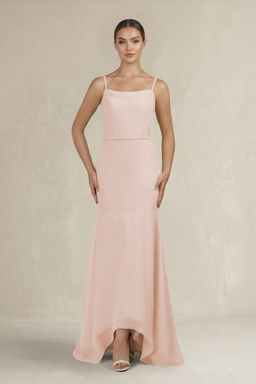 Cami Strap Mermaid Ruffled Chiffon Bridesmaid Dress in Pale Blush - KissProm Bridesmaid Dresses