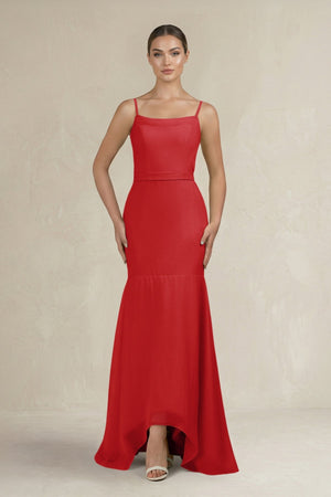 Cami Strap Mermaid Ruffled Chiffon Bridesmaid Dress in Ruby Red - KissProm Bridesmaid Dresses
