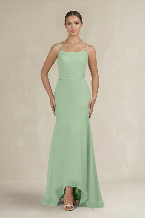 Cami Strap Mermaid Ruffled Chiffon Bridesmaid Dress in Sage - KissProm Bridesmaid Dresses