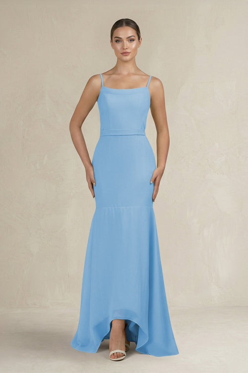 Cami Strap Mermaid Ruffled Chiffon Bridesmaid Dress in Steel Blue - KissProm Bridesmaid Dresses