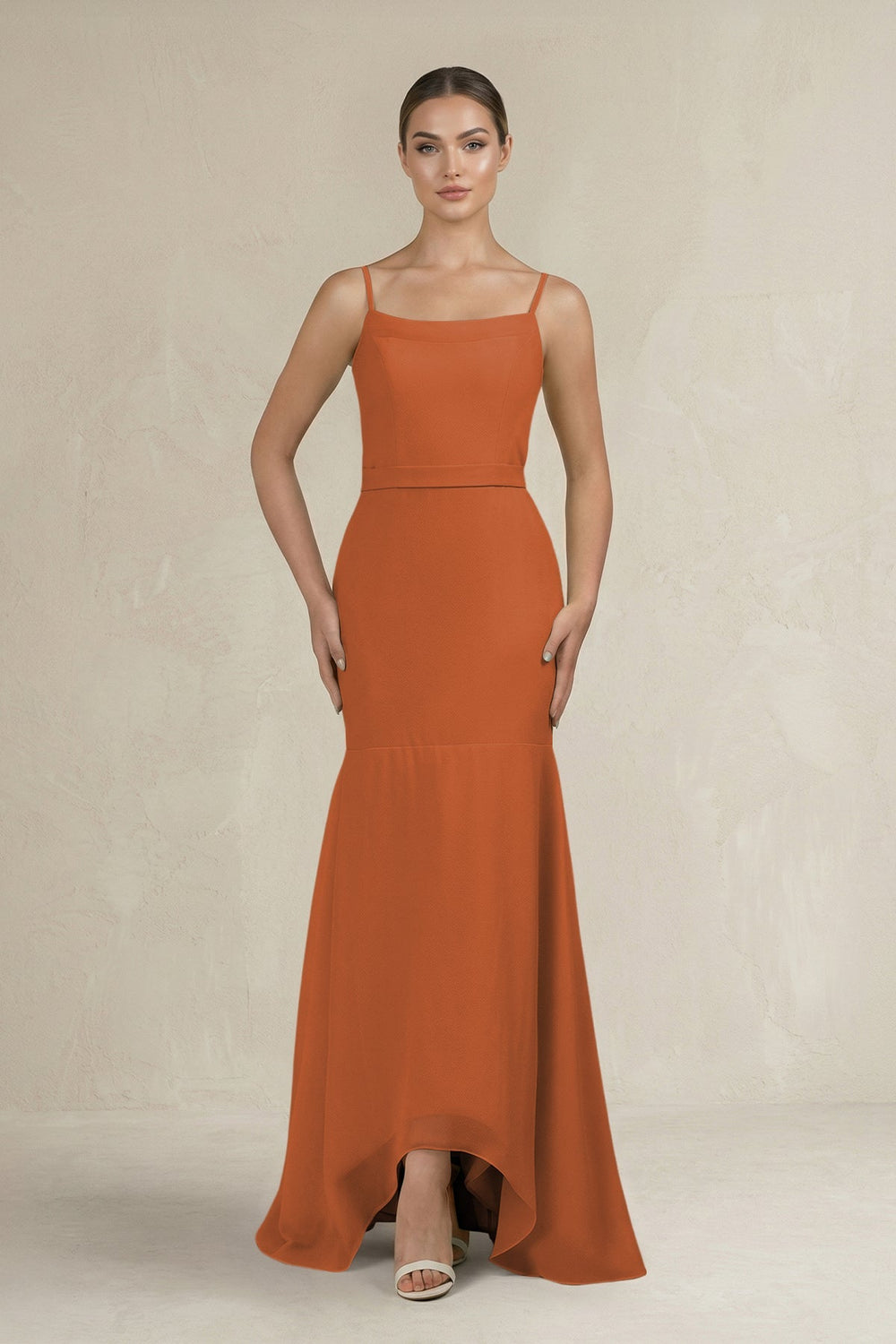 Cami Strap Mermaid Ruffled Chiffon Bridesmaid Dress in Terracotta - KissProm Bridesmaid Dresses