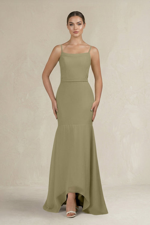 Cami Strap Mermaid Ruffled Chiffon Bridesmaid Dress in Thyme - KissProm Bridesmaid Dresses