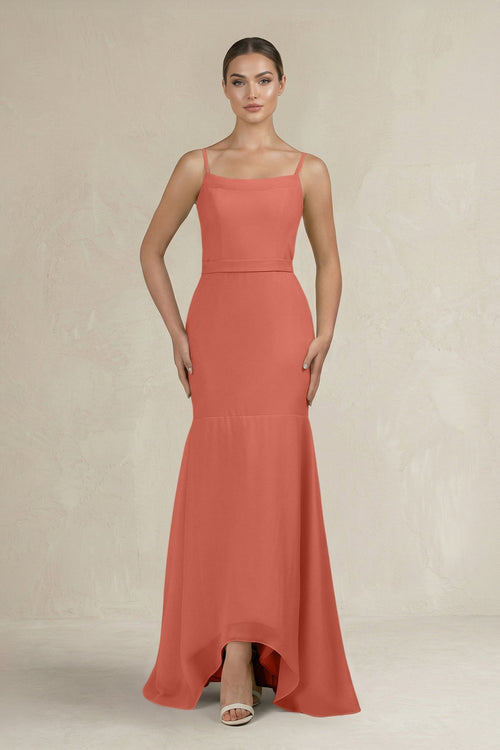 Cami Strap Mermaid Ruffled Chiffon Bridesmaid Dress in Wild Rose - KissProm Bridesmaid Dresses