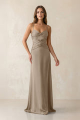 Cami Strap Pleated Sheath Satin Bridesmaid Dress in Almond - KissProm Bridesmaid Dresses
