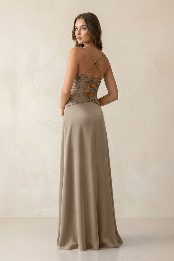 Cami Strap Pleated Sheath Satin Bridesmaid Dress in Almond - KissProm Bridesmaid Dresses