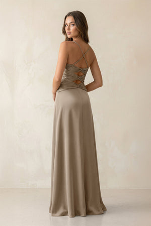 Cami Strap Pleated Sheath Satin Bridesmaid Dress in Almond - KissProm Bridesmaid Dresses