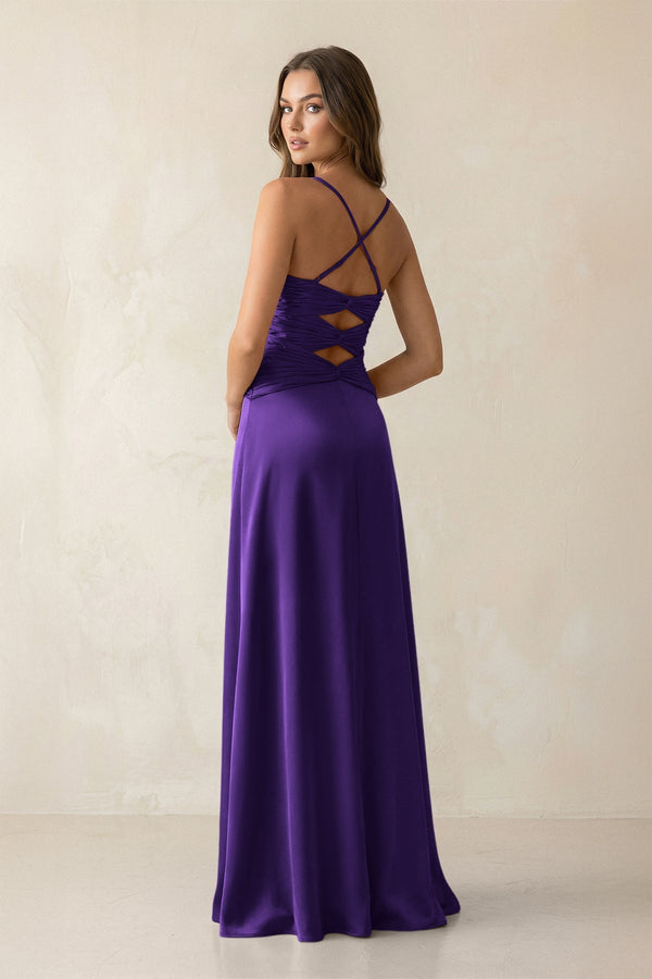 Cami Strap Pleated Sheath Satin Bridesmaid Dress in Amethyst - KissProm Bridesmaid Dresses