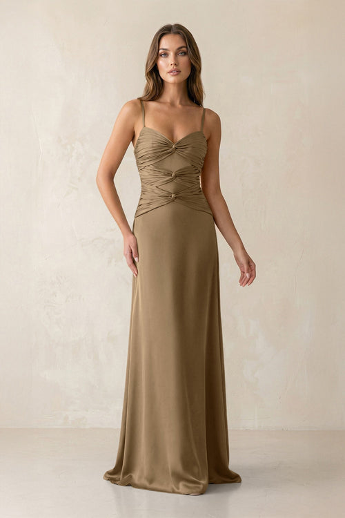 Cami Strap Pleated Sheath Satin Bridesmaid Dress in Apple Cinnamon - KissProm Bridesmaid Dresses