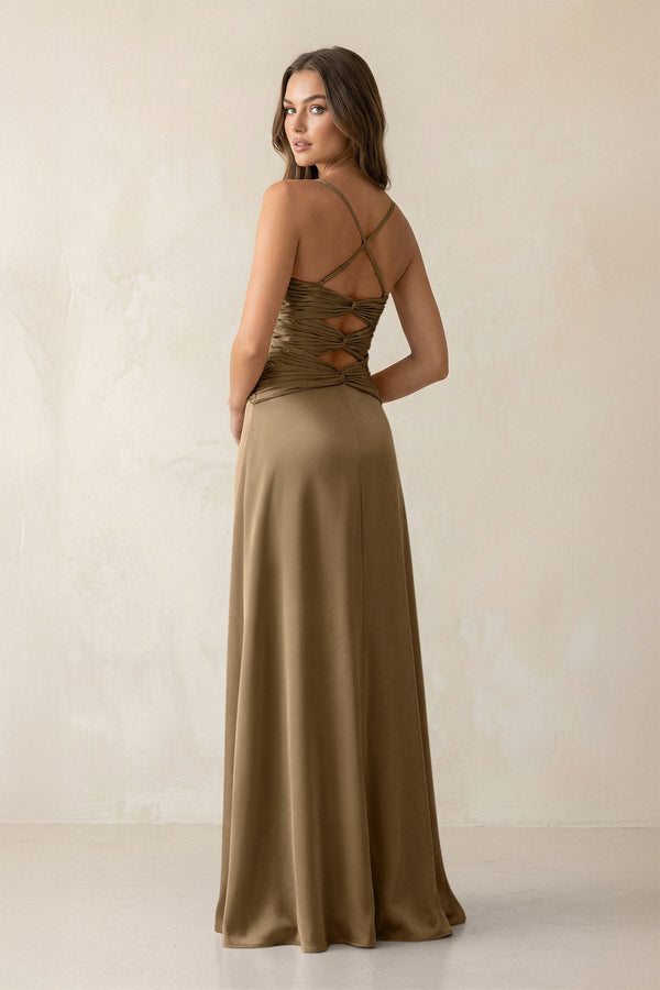 Cami Strap Pleated Sheath Satin Bridesmaid Dress in Apple Cinnamon - KissProm Bridesmaid Dresses