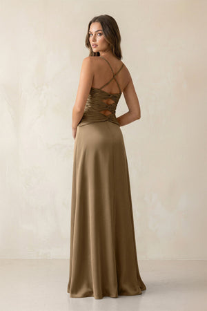 Cami Strap Pleated Sheath Satin Bridesmaid Dress in Apple Cinnamon - KissProm Bridesmaid Dresses