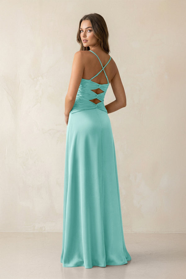 Cami Strap Pleated Sheath Satin Bridesmaid Dress in Aqua - KissProm Bridesmaid Dresses