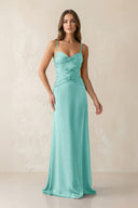 Cami Strap Pleated Sheath Satin Bridesmaid Dress in Aqua - KissProm Bridesmaid Dresses