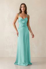 Cami Strap Pleated Sheath Satin Bridesmaid Dress in Aqua - KissProm Bridesmaid Dresses