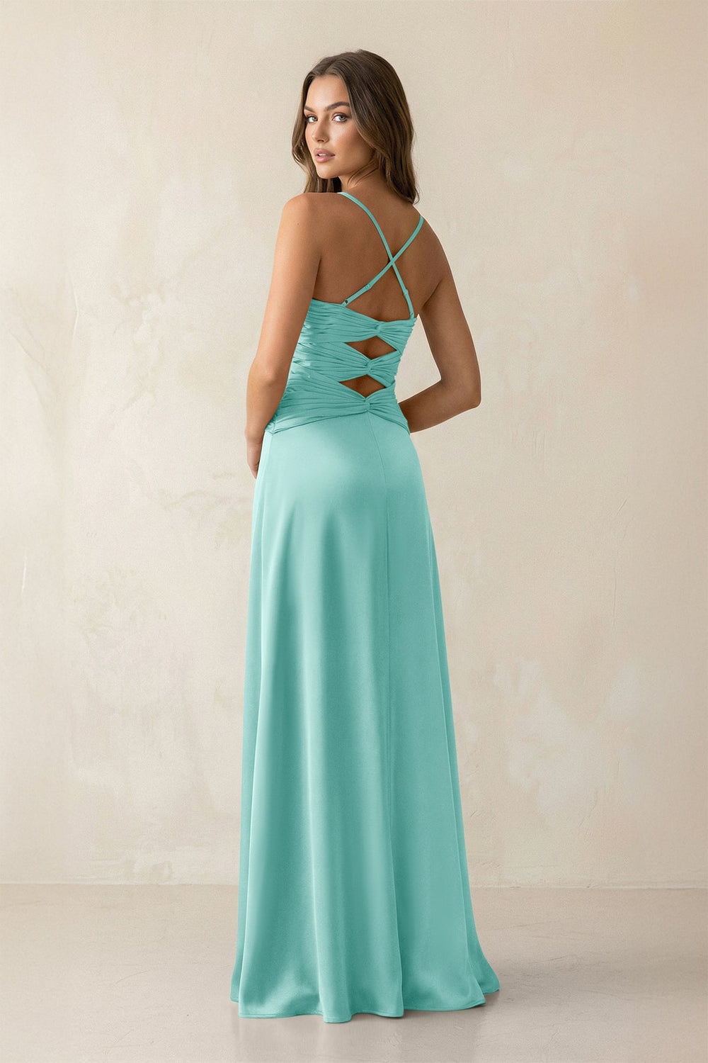 Cami Strap Pleated Sheath Satin Bridesmaid Dress in Aqua - KissProm Bridesmaid Dresses