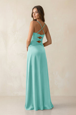 Cami Strap Pleated Sheath Satin Bridesmaid Dress in Aqua - KissProm Bridesmaid Dresses