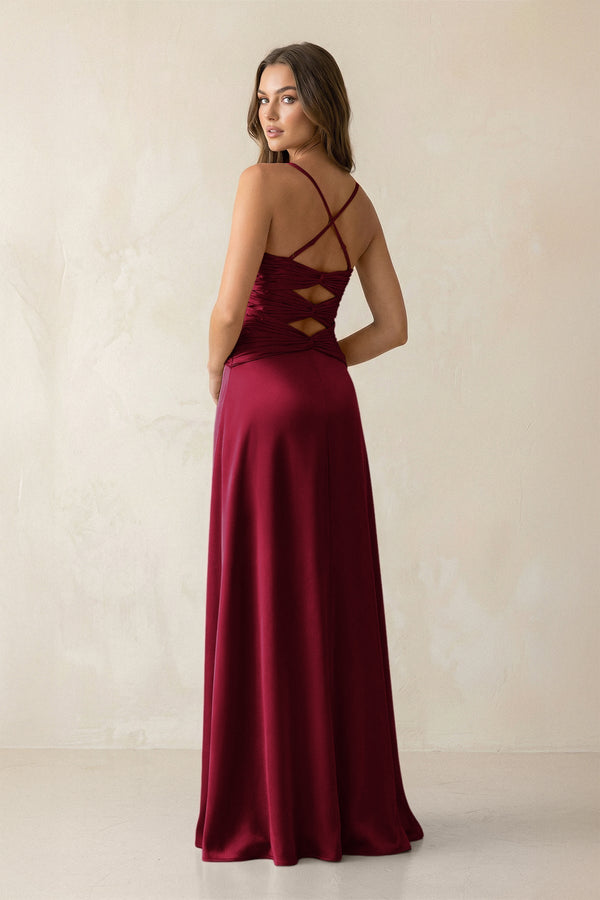 Cami Strap Pleated Sheath Satin Bridesmaid Dress in Berry - KissProm Bridesmaid Dresses
