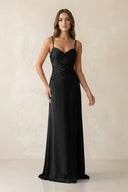 Cami Strap Pleated Sheath Satin Bridesmaid Dress in Black - KissProm Bridesmaid Dresses