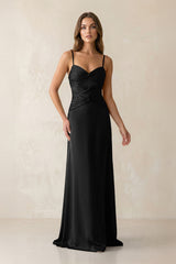 Cami Strap Pleated Sheath Satin Bridesmaid Dress in Black - KissProm Bridesmaid Dresses