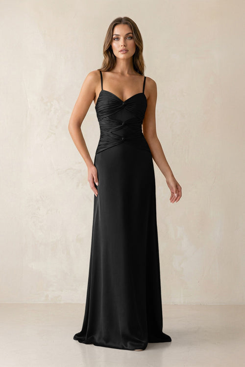 Cami Strap Pleated Sheath Satin Bridesmaid Dress in Black - KissProm Bridesmaid Dresses