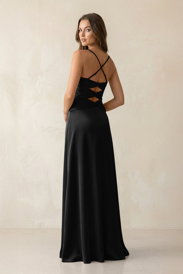 Cami Strap Pleated Sheath Satin Bridesmaid Dress in Black - KissProm Bridesmaid Dresses